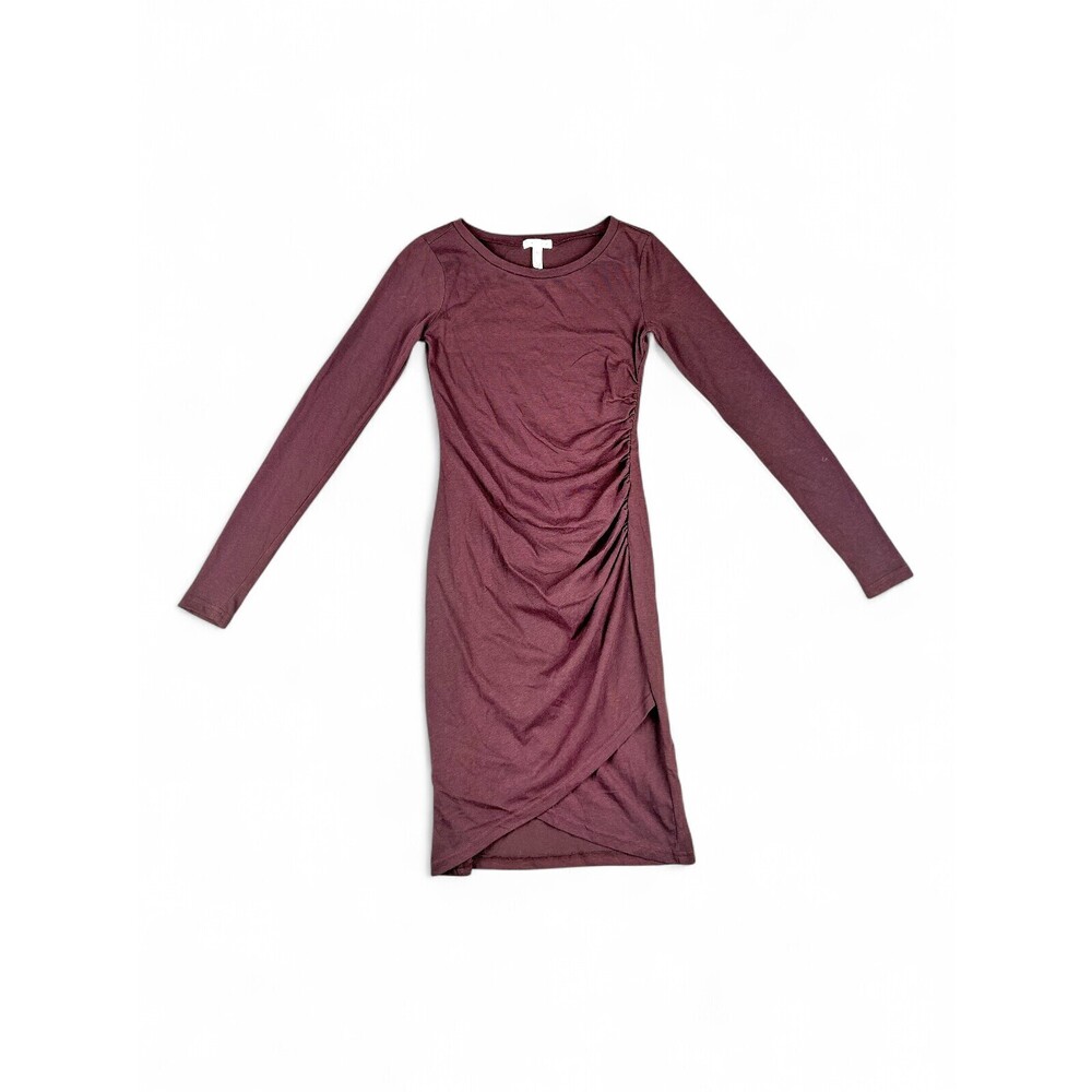 Leith Ruched Side Long Sleeve Midi Dress XS Plum